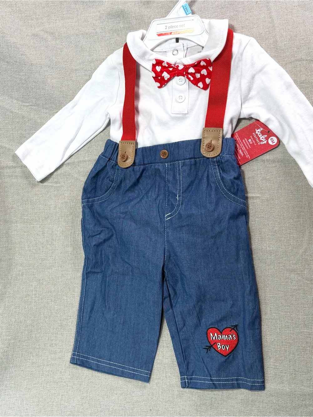 Baby Starters 2 piece boy outfit- White Top with Red Heart Bow Tie
